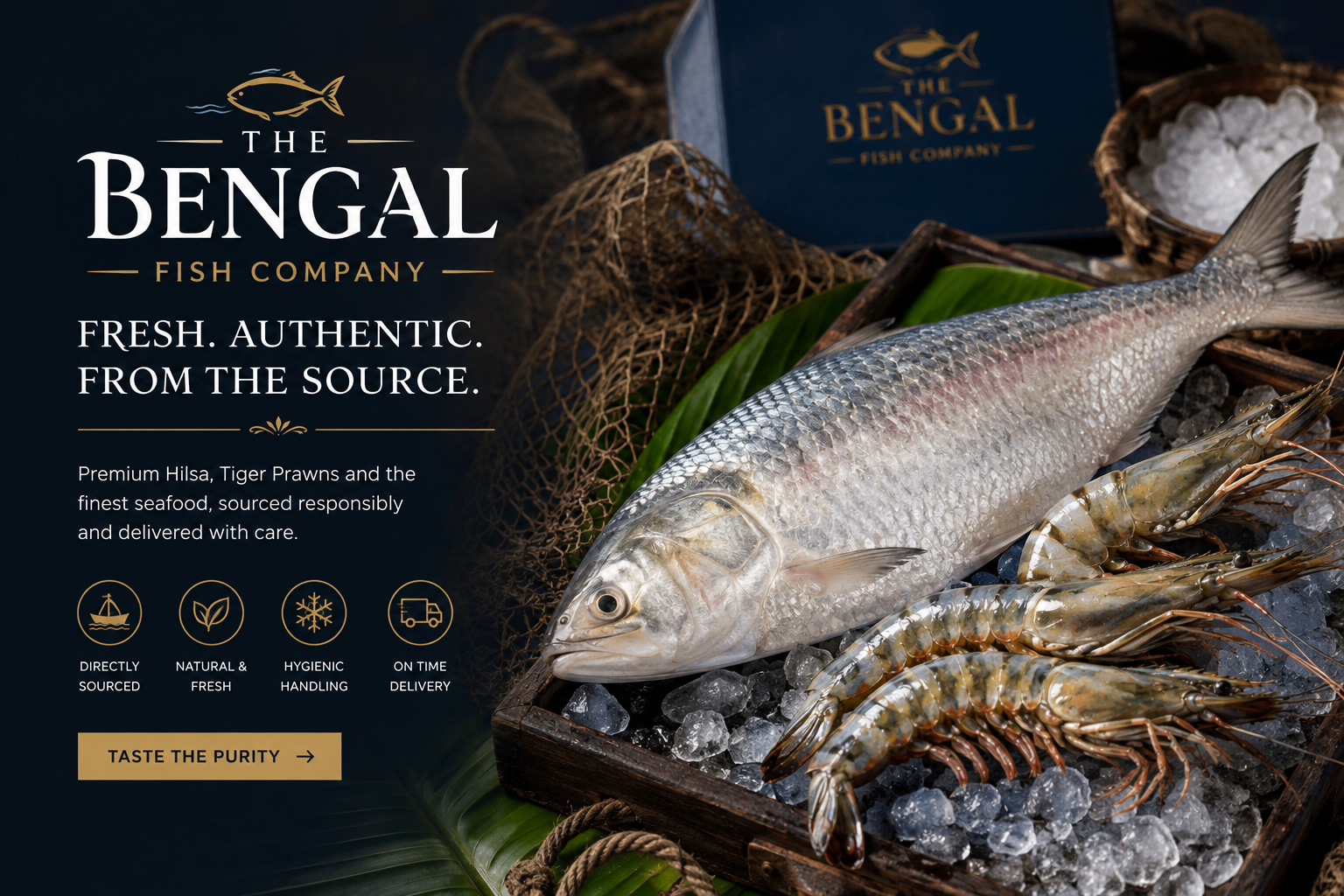 The Bengal Fish Company marketing banner showing fresh hilsa and tiger prawns on ice with premium branding