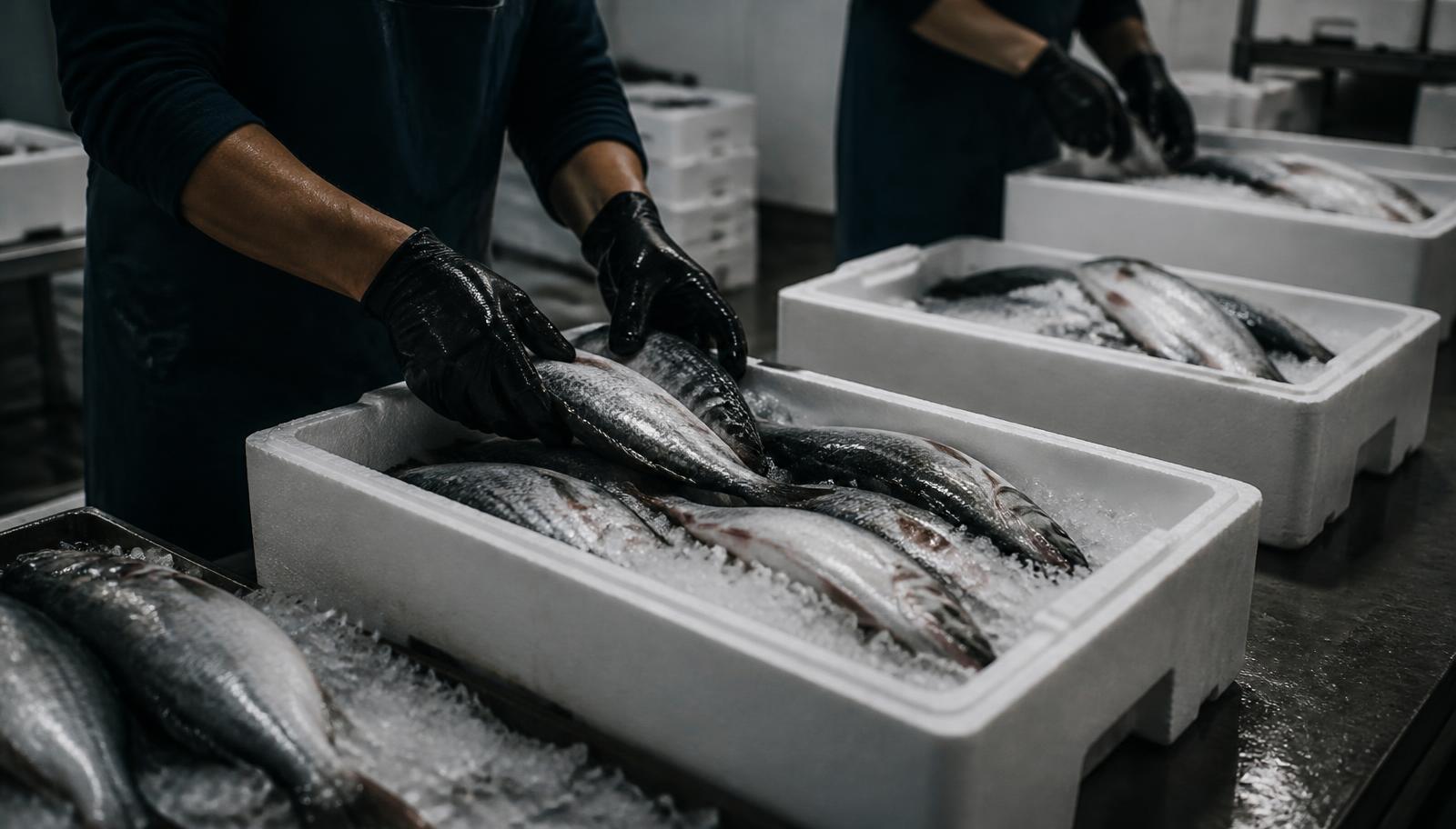 Fresh fish being graded and packed into ice boxes